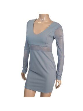 💠 Revamped Blue Grey Mesh Panel Bodycon Mini Dress Long Sleeve Size Small
